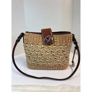 Brighton Straw Bucket Bag Purse Brown Leather Trim Heart Details Woven